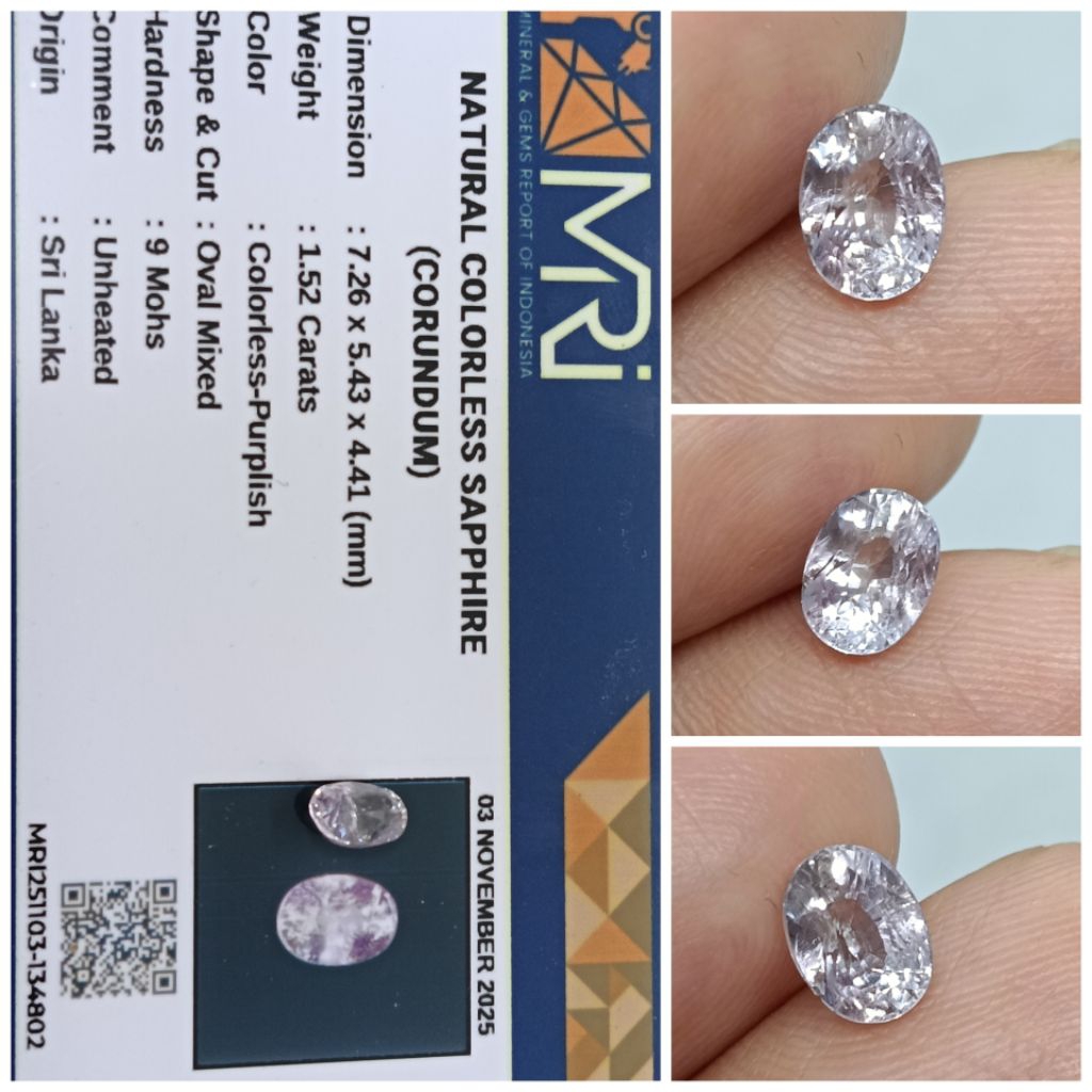 Natural Colorless sapphire Sri Lanka Clean 1,5ct memo MRI Safir Ceylon Top Crystal