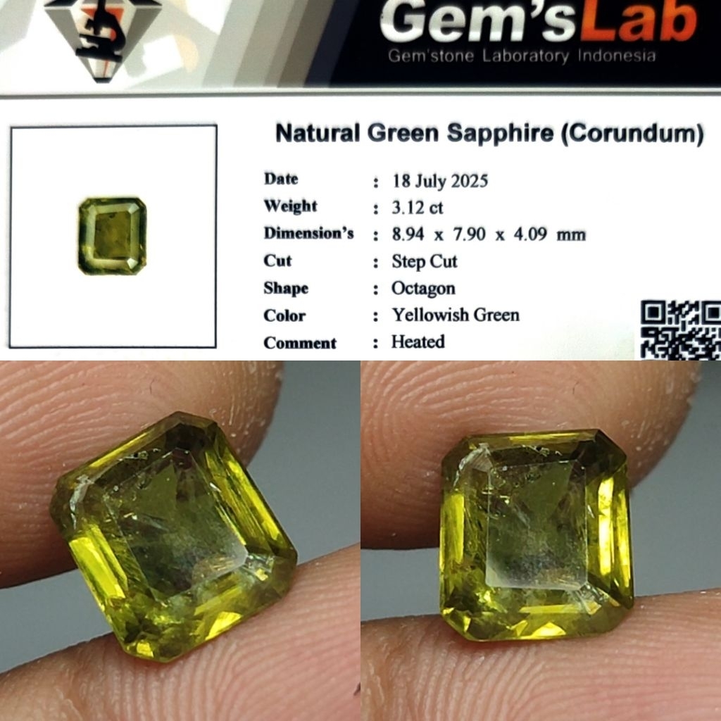 Natural Green Sapphire 3.1ct GLI Crystall Nice Color Full Luster Siang Malam Body Kaca Metalik