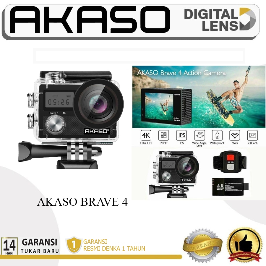 Akaso Brave 4 Action Cam Camera Wifi 4K Waterproof + Remote Original Resmi