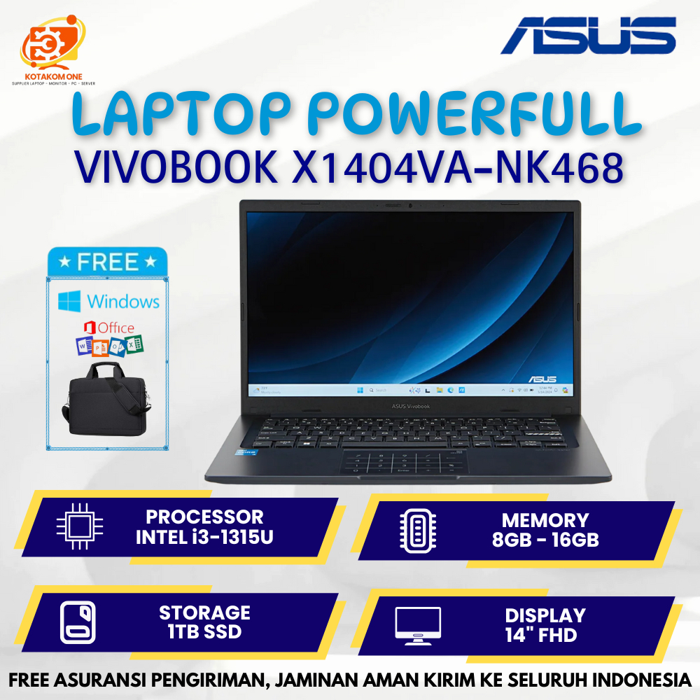 Laptop BARU Asus Vivobook X1404VA-NK468 Intel i3-1315U Ram 8GB Ssd 1TB 14" FHD Laptop Kantor Kuliah