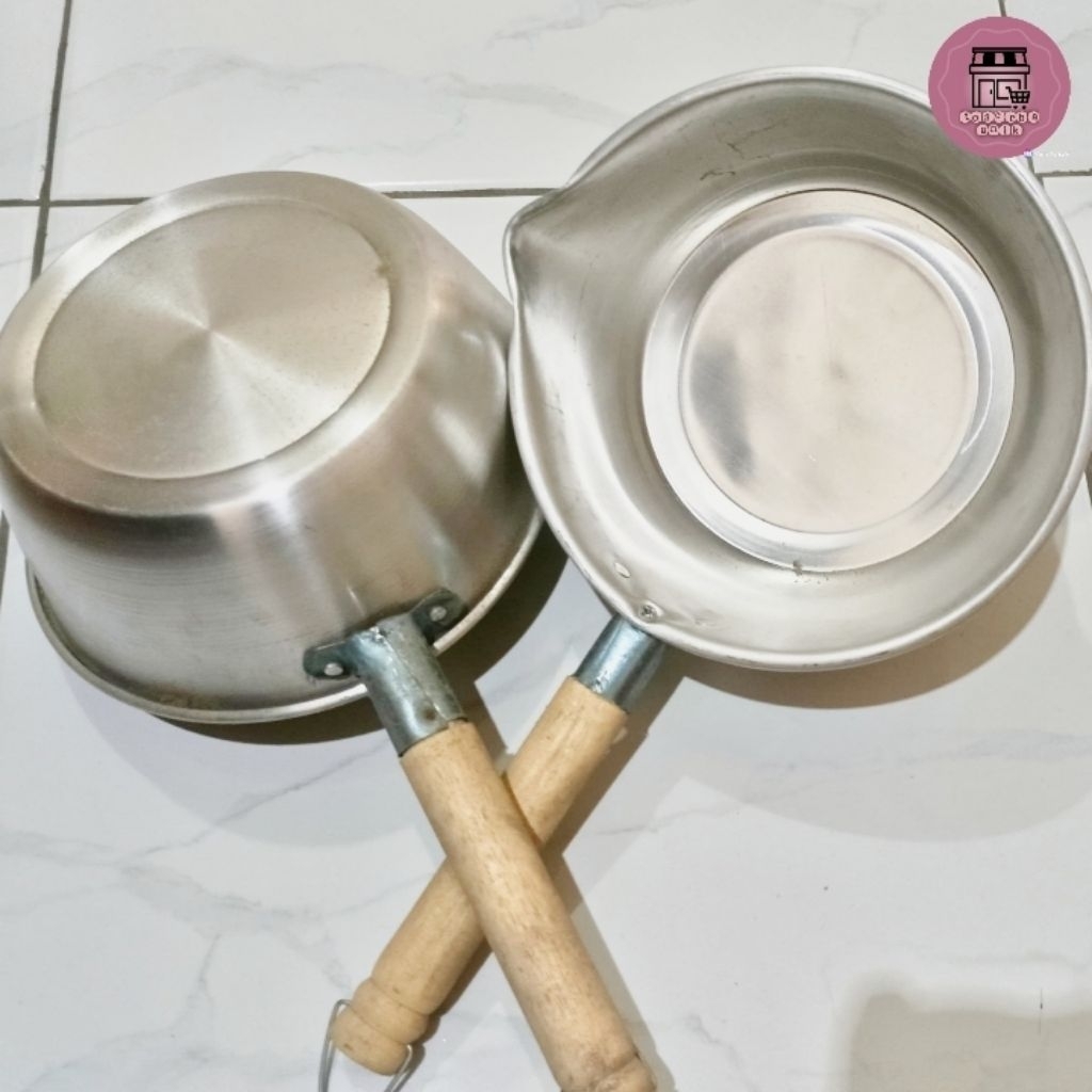Panci susu gagang kayu alumunium stenlis