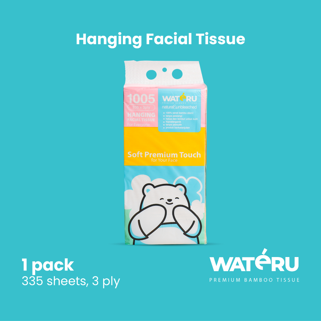 Wateru Hanging Facial Tissue, 1 pack, 335 sheets, 3 ply | Natural & Unbleached | Wateru Premium Bamb