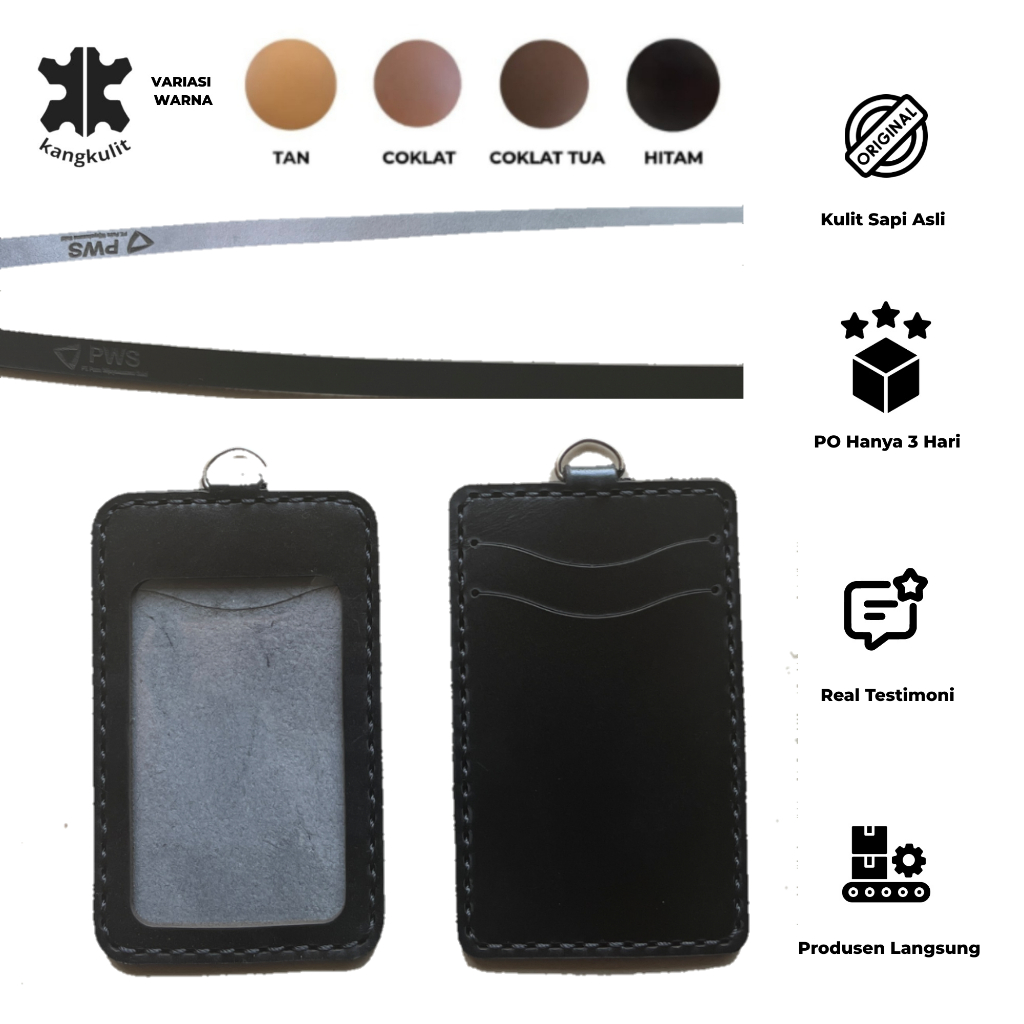 LANYARD NAME TAG ID CARD HOLDER KULIT - IDC2LD - POLOS - HITAM