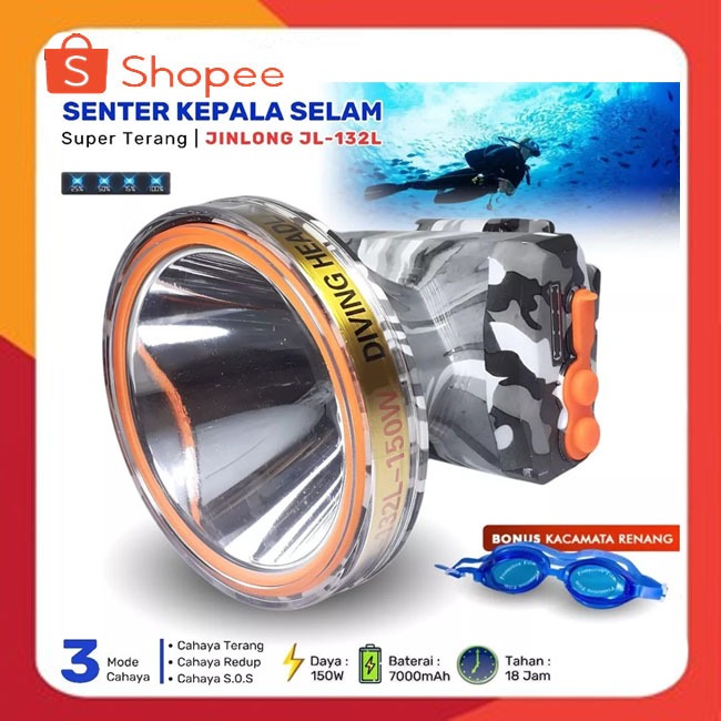 Senter Kepala Selam Army 150Watt JINLONG JL-132L Super Terang Tahan 18Jam |Headlamp Anti Air 7000mah