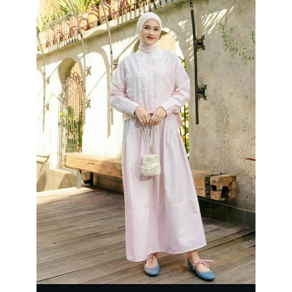 preloved flowy set stripe pink/Preloved Haidee Orlin/Preloved Gamis/Preloved Dress/Preloved Midi dre