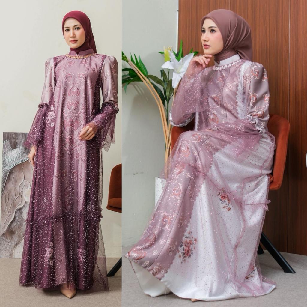 Dress Qisti Series 9 Gaun Gamis Wanita Elegan Busana Muslim  satin maxmara silk sublim Mutif Terbaru
