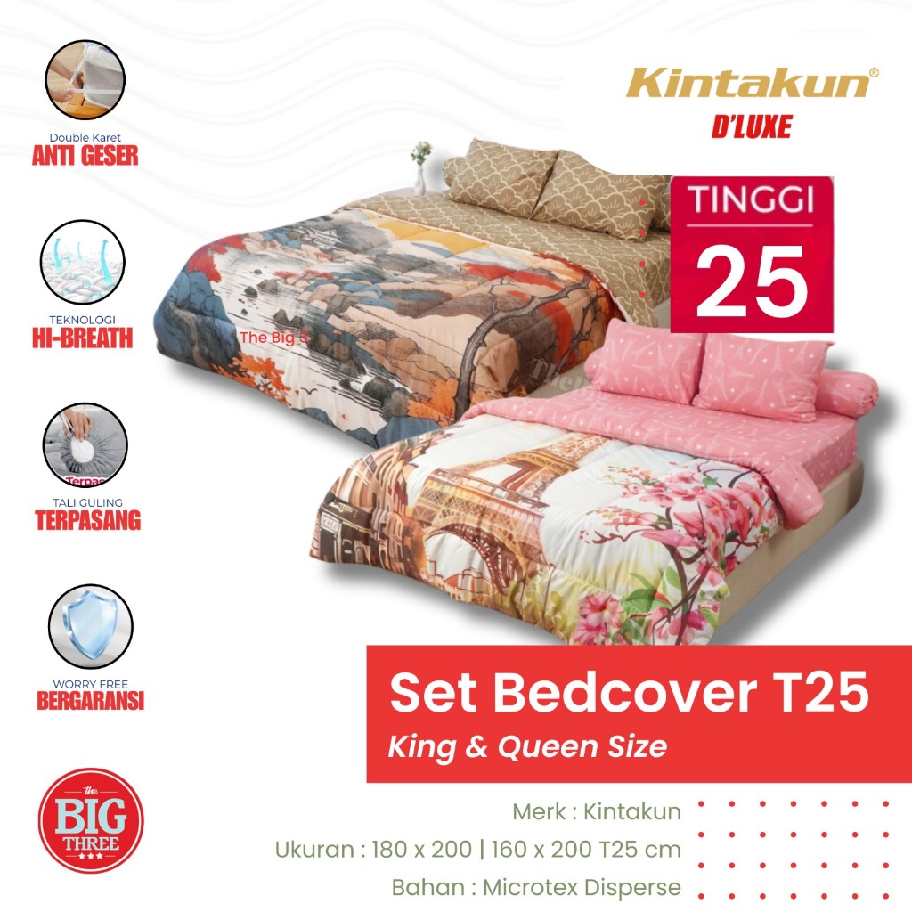 THEBIG3 Kintakun Dluxe Set Bedcover 180x200 / 160x200 Tinggi 25 cm Microtex Double Karet Anti Geser
