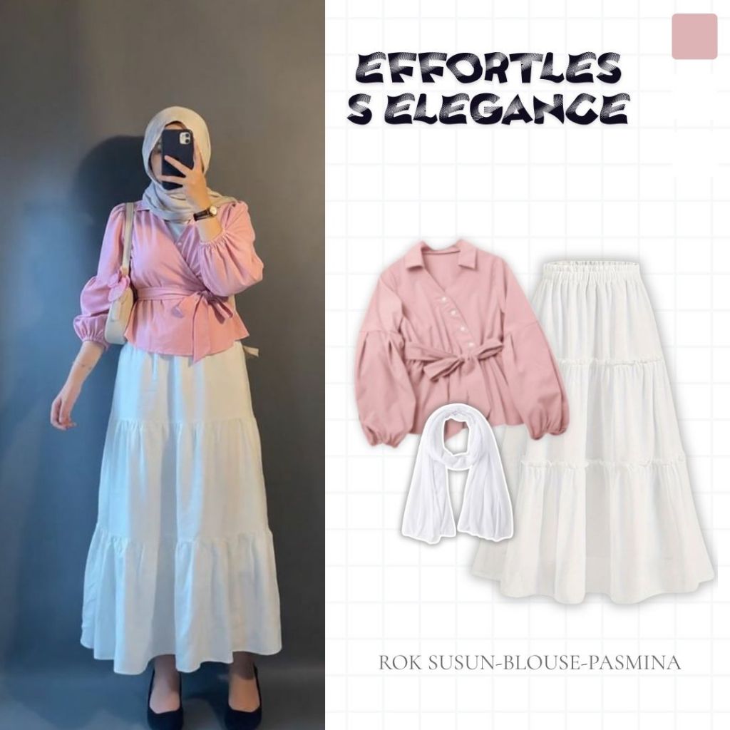 OOTD Wanita Hijab Kekinian| Rok Susun-Blouse Oary-Hijab Pasmina|One set cewek casual