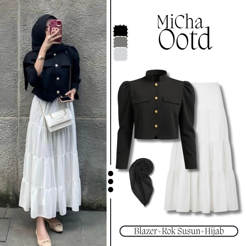 Setelan Wanita Micha 3in1 [Sonia Blazer+Rok Susun+Hijab] One Set Kondangan/Acara Formal/Ke Kampus/Oo