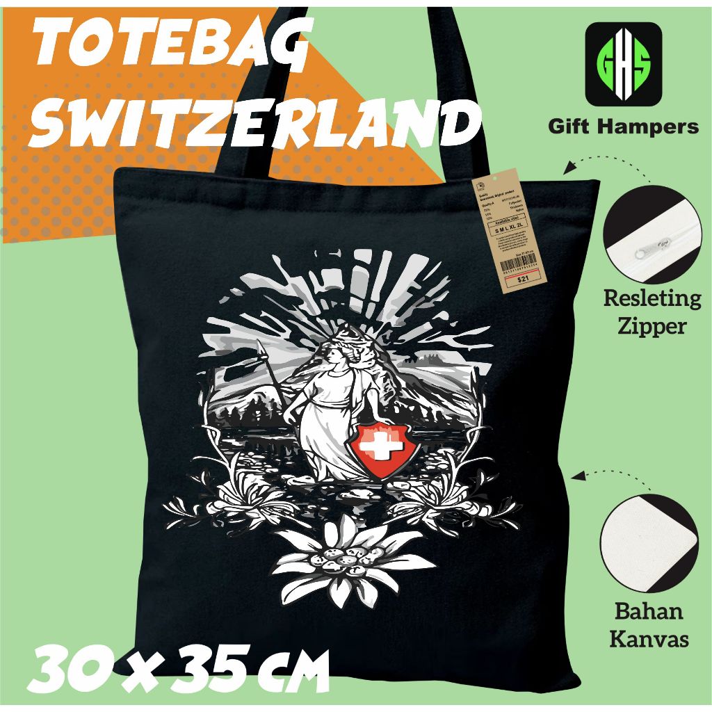 SOUVENIR TAS TOTEBAG OLEH OLEH SWISS CHUR SWITZERLAND BAHAN RESLETING HITAM PUTIH GIFT PREMIUM MURAH