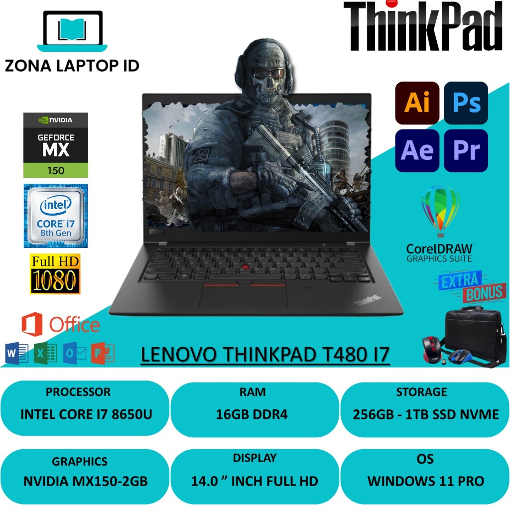 Lenovo Thinkpad T480 Core i7 GEN 8 Nvidia MX150-2GB Layar 14" inch FHD Murah dan bergaransi