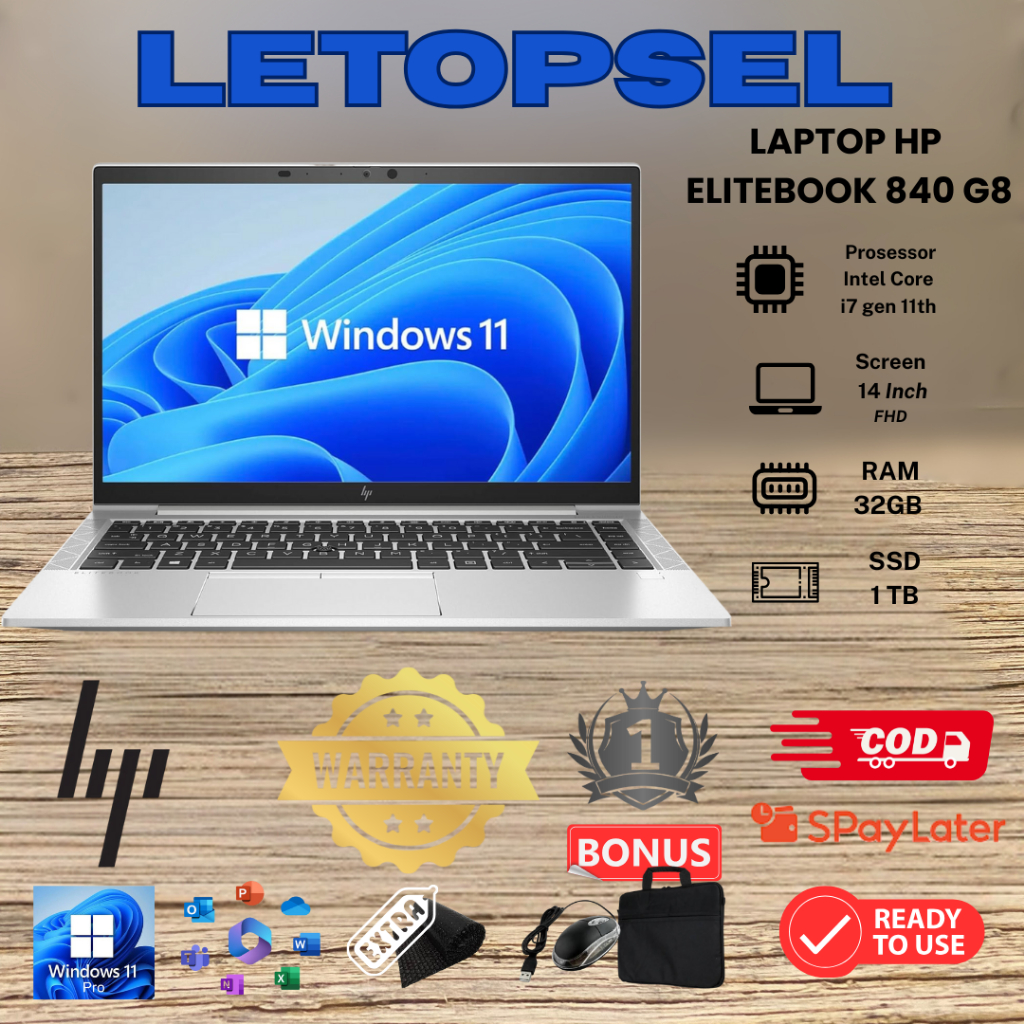 READY  LAPTOP HP ELITEBOOK 840 G8 i7 gen 11th IRIS RAM 32GB / 1TB SSD NVME / BONUS TAS LAPTOP & MOUS