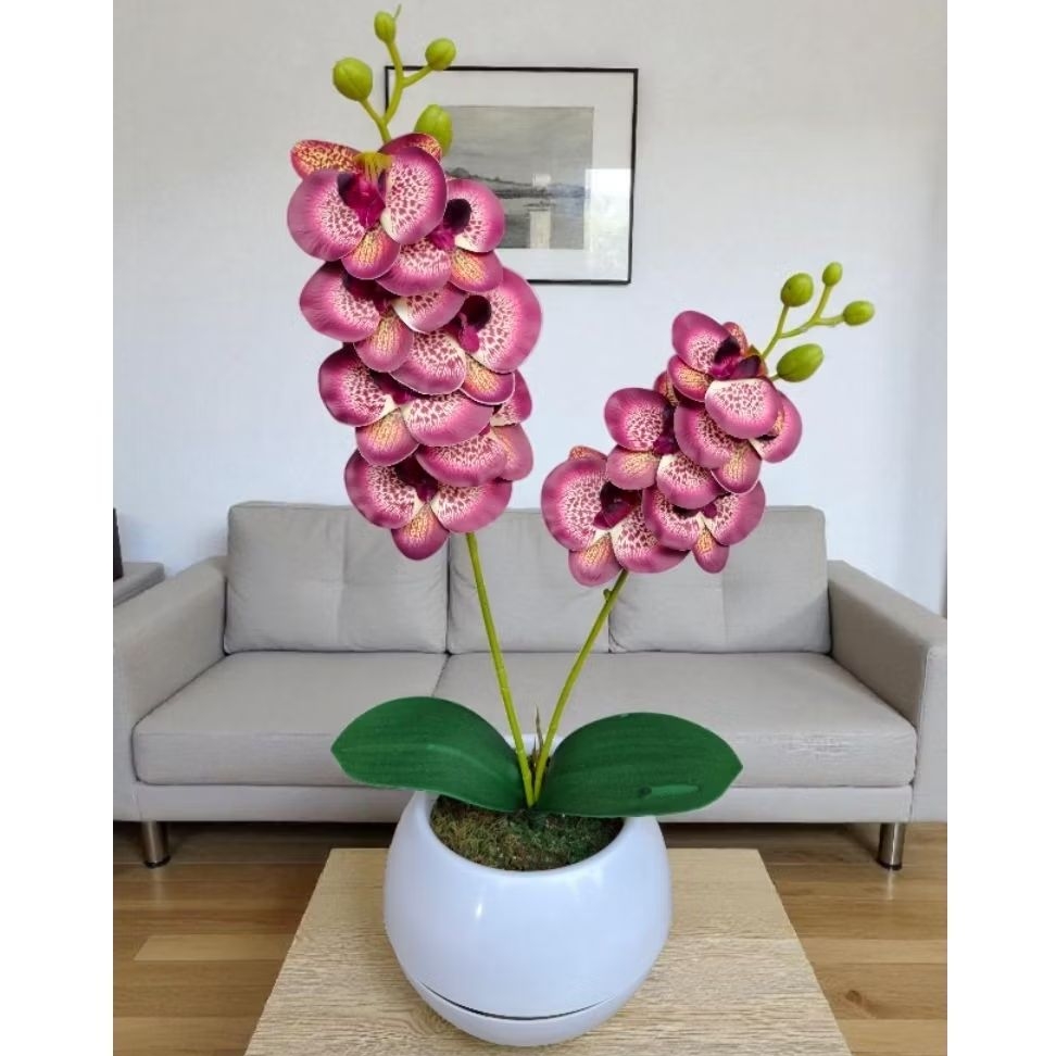 Bunga anggrek LATEX artificial 2 cabang dengan pot bola