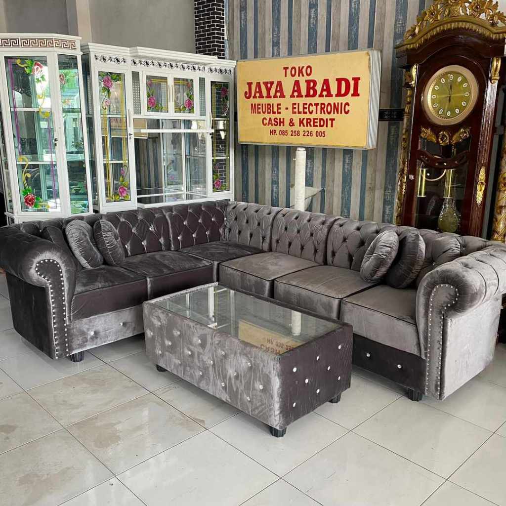 Sofa Sudut Seribu Kancing / Sofa Pojok Mewah / Sofa L beludru Lembut High Quality