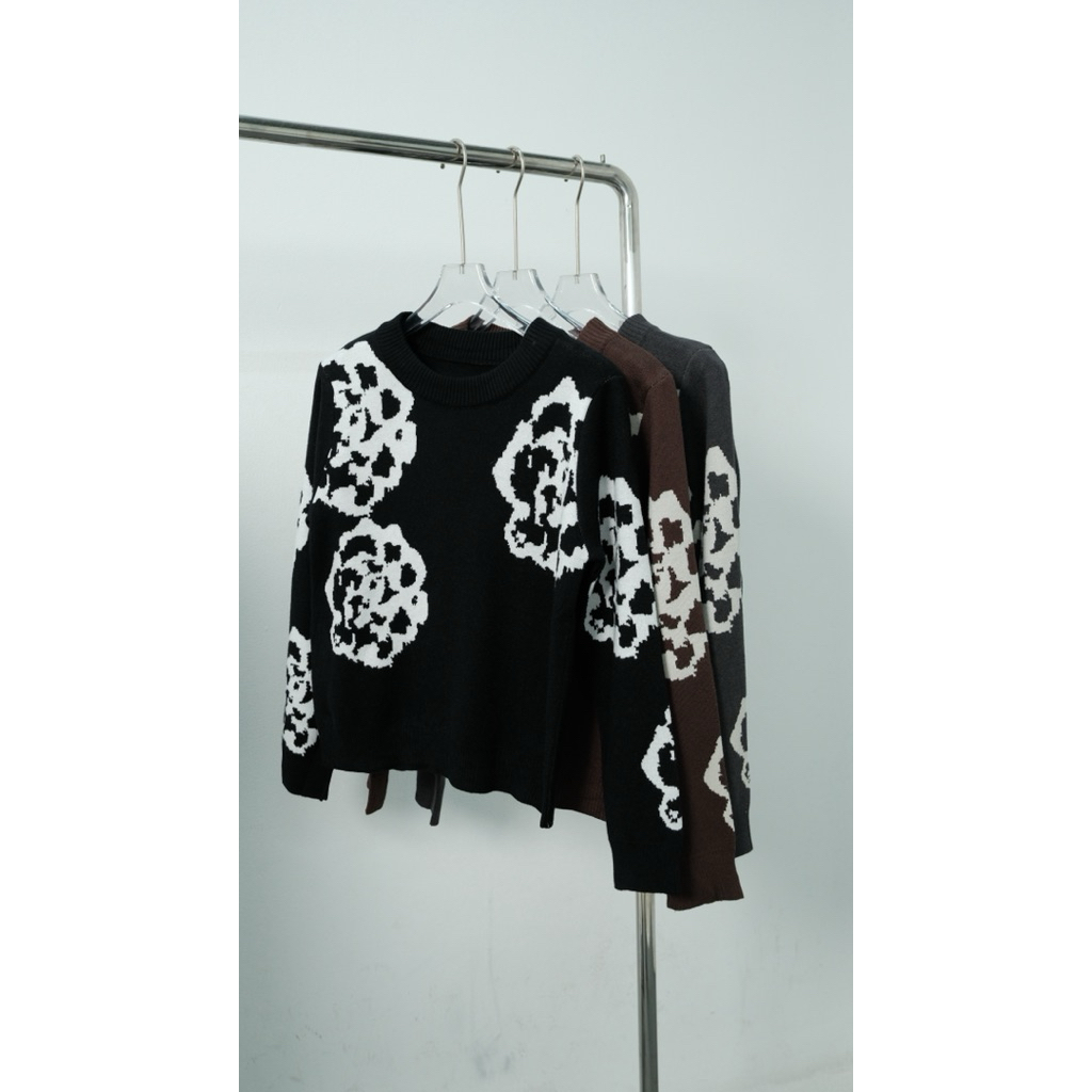 sweater knit rajut motif bunga baju lengan panjang wanita