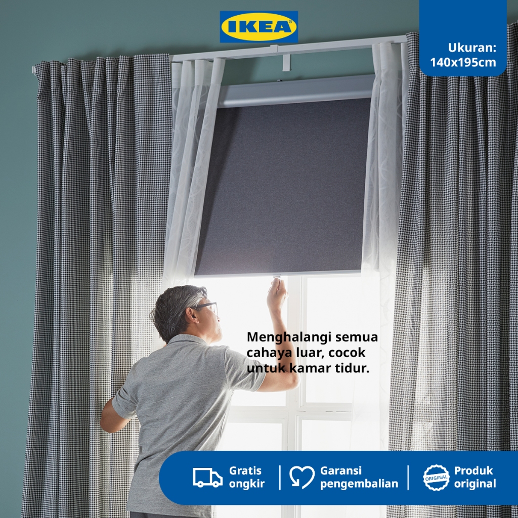 IKEA TRETUR Tirai Gulung Anti Tembus Cahaya, Abu-abu Muda 140x195cm.