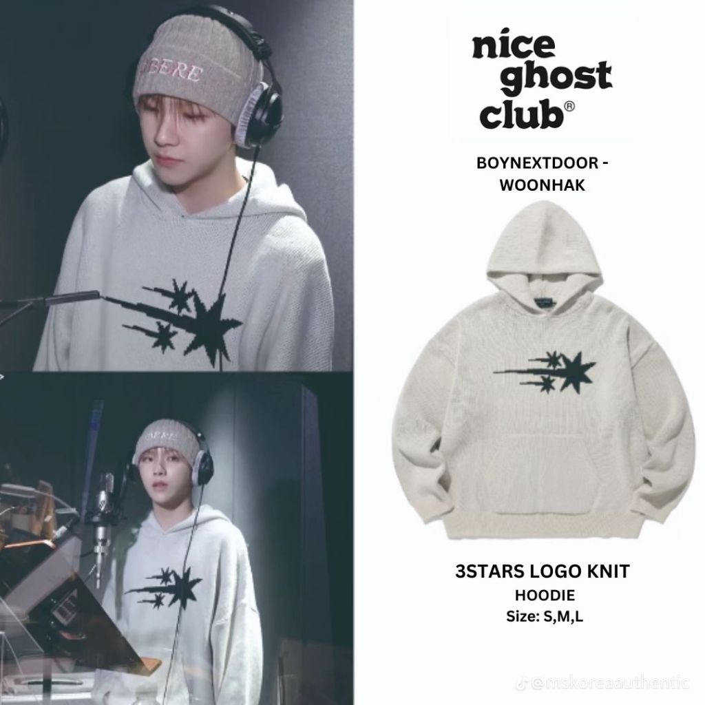 nice ghost club 3STARS LOGO KNIT HOODIE (ivory)