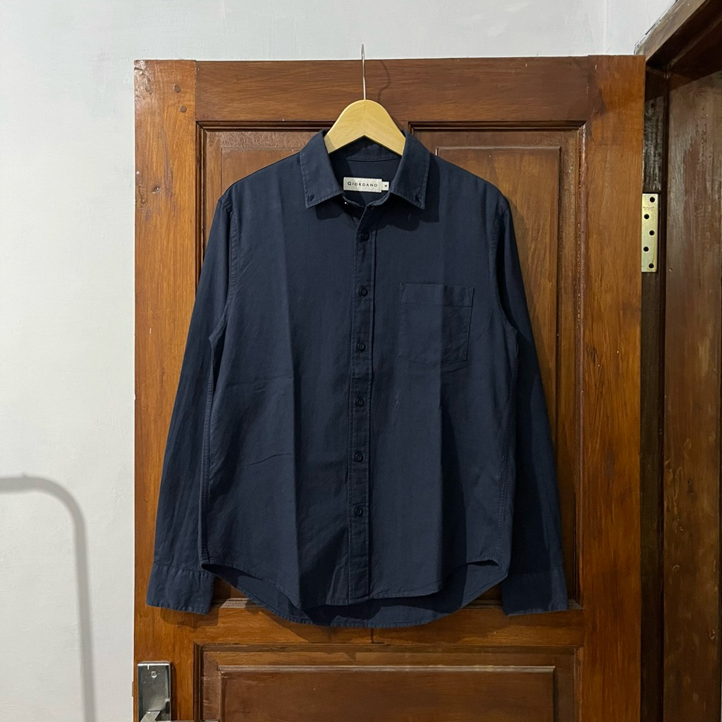 [M-L] Giordano Cotton Shirt Long Sleeve I Navy I Vintage Vtg Retro Kemeja Garis-garis Salur Outer Wo