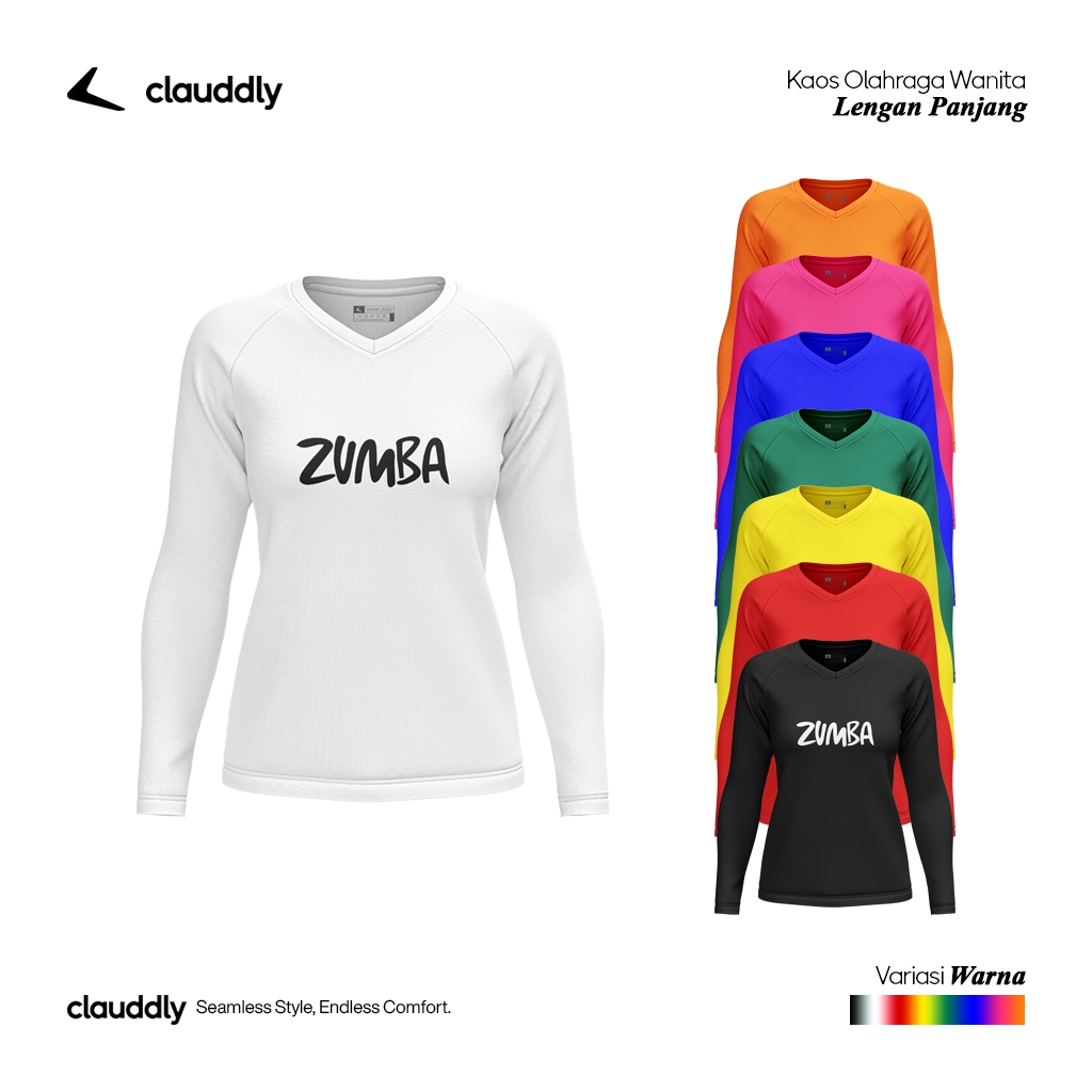 Clauddly Baju Olahraga Wanita Warna Putih Panjang Kaos ZUMBA Running Senam Lari Big Size Jumbo