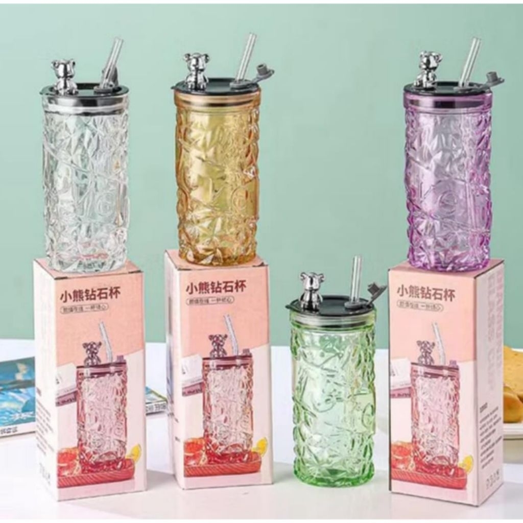 BOTOL KACA DIAMOND BEAR 400ML BOTOL AIR MINUM TERMOS TUMBLER KACA BENING
