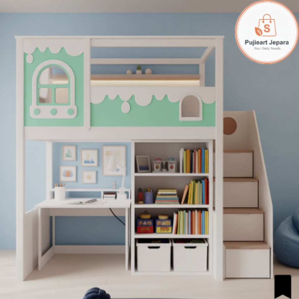 Tempat Tidur Tingkat Kayu Minimalis Bawah Meja Belajar Rak Buku