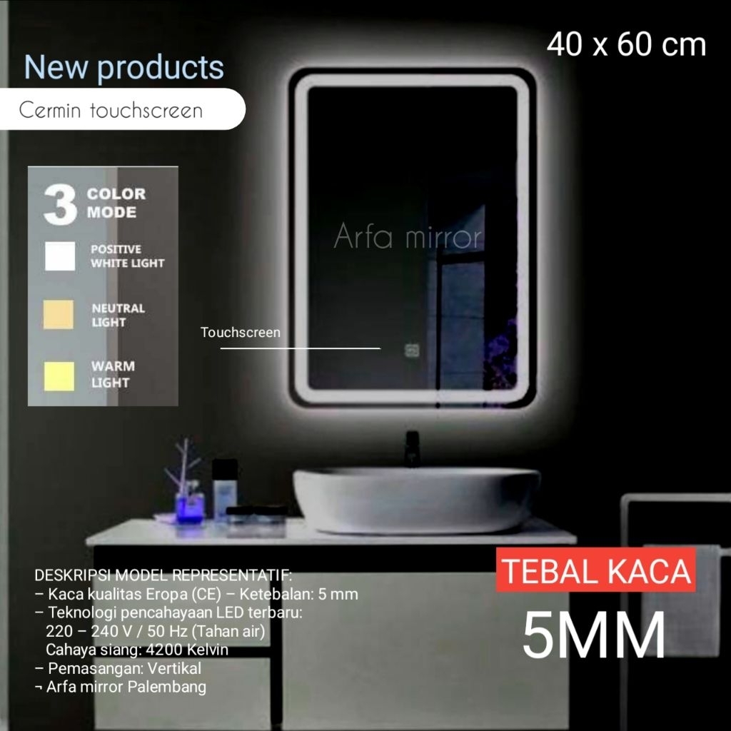 Cermin LED Touchscreen | Cermin Kamar Mandi | Cermin Rias Modern Mewah