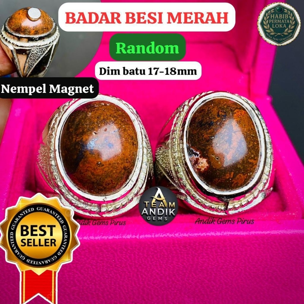 CINCIN AKIK BATU BADAR BESI MERAH NATURAL RING ALPAKA SUPER ELEGAN