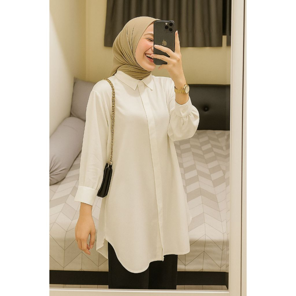 Kemeja Tunik Polos Blouse Atasan Wanita Tangan Panjang Premium Bahan Rayon Twill Warna Merah Maroon 