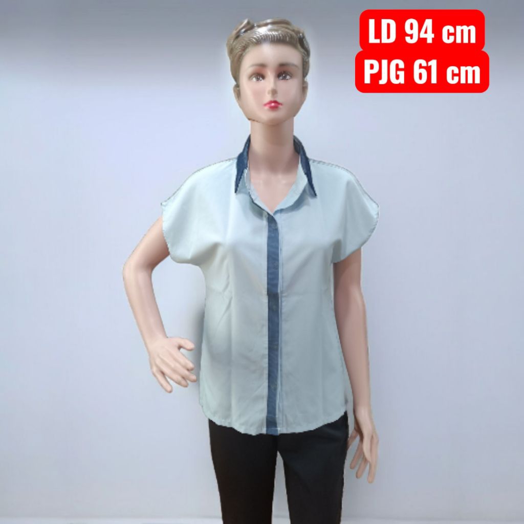 atasan blouse wanita kerah  / baju wanita kerah biru polos