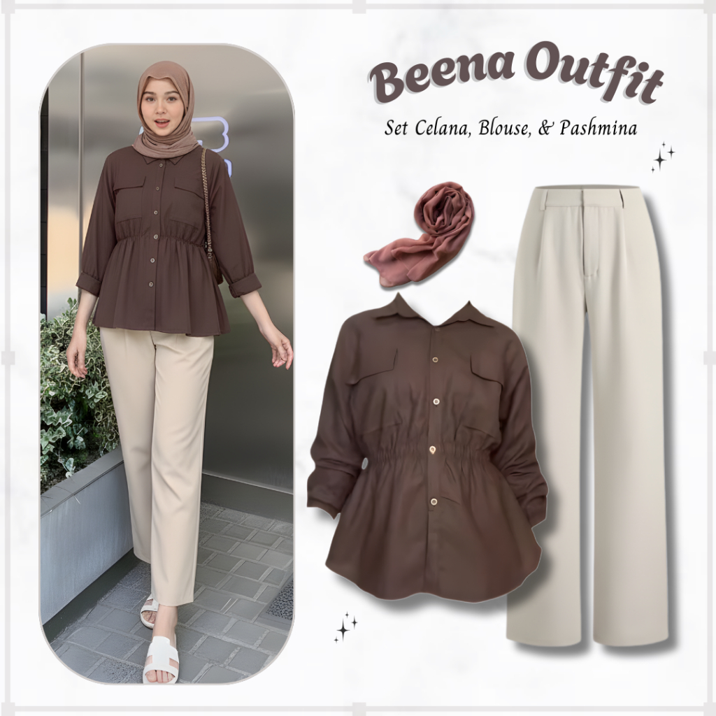 Beena Outfit 3in1 | Oneset Casual Look Blouse Beena + Celana Ivory + Pasmina Mocha | Ootd Wanita Rem