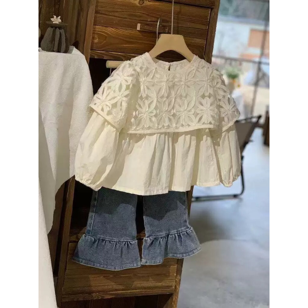 setelan anak jeans cutbray blouse putih beige panjang fashion perempuan import