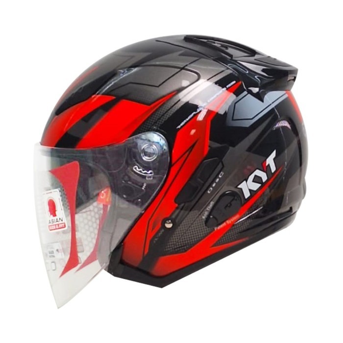 KYT Helm Half Face Galaxy Flat R Asymmetric - Hitam/Merah, Motif Grafis Trendy, Double Visor, Anti S