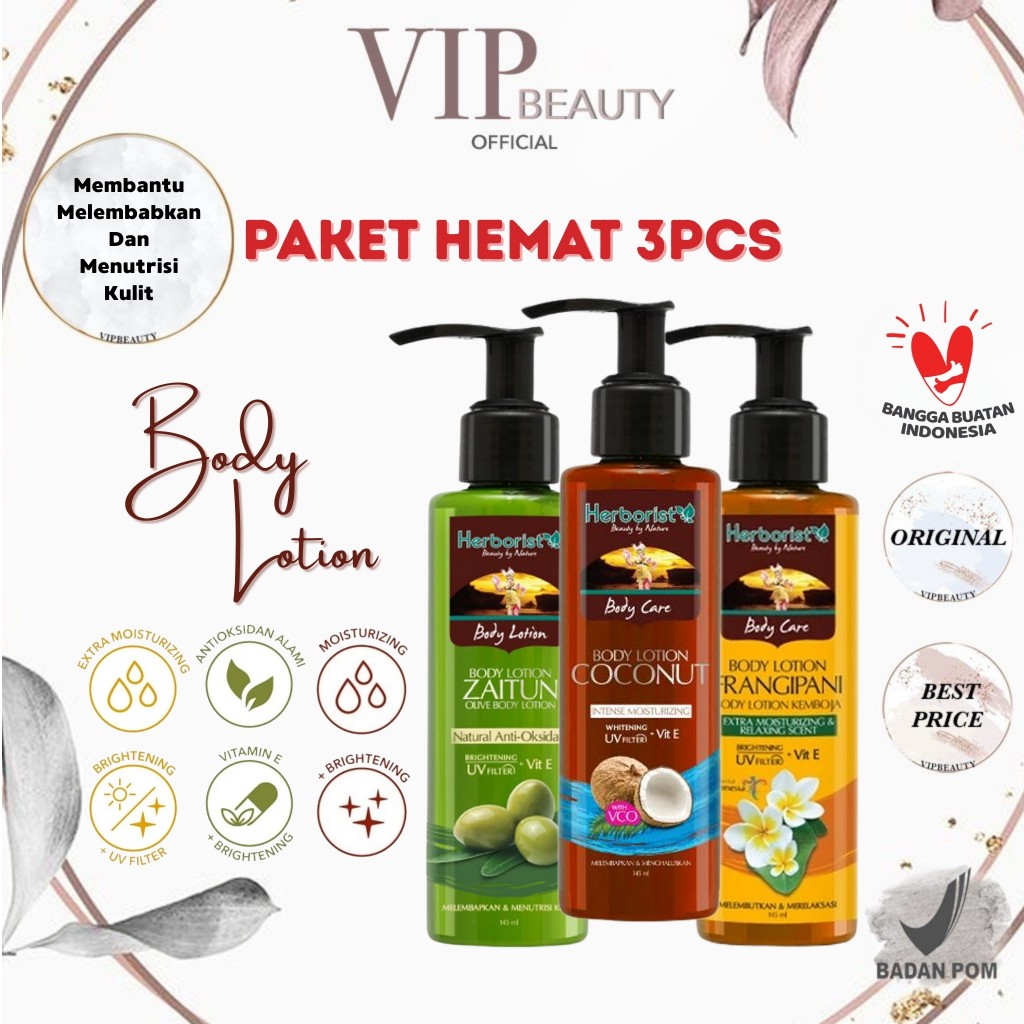 [PAKET 3PCS] HERBORIST Body Lotion - Zaitun | Coconut | Frangipani Whitening UV Filter Herborist 145