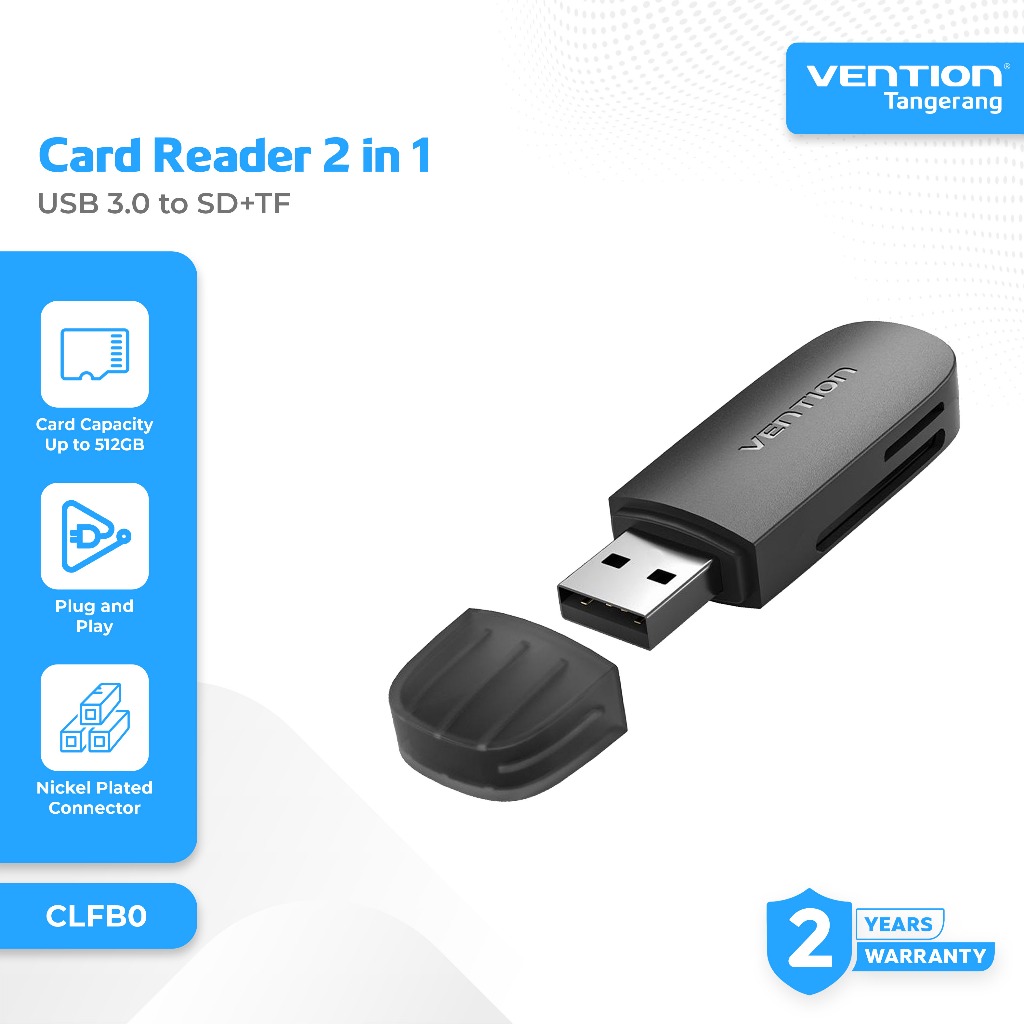 Vention Card Reader 2 in 1 USB 3.0 to SD+TF Black Single Drive Letter Up to 512GB - CLFB0