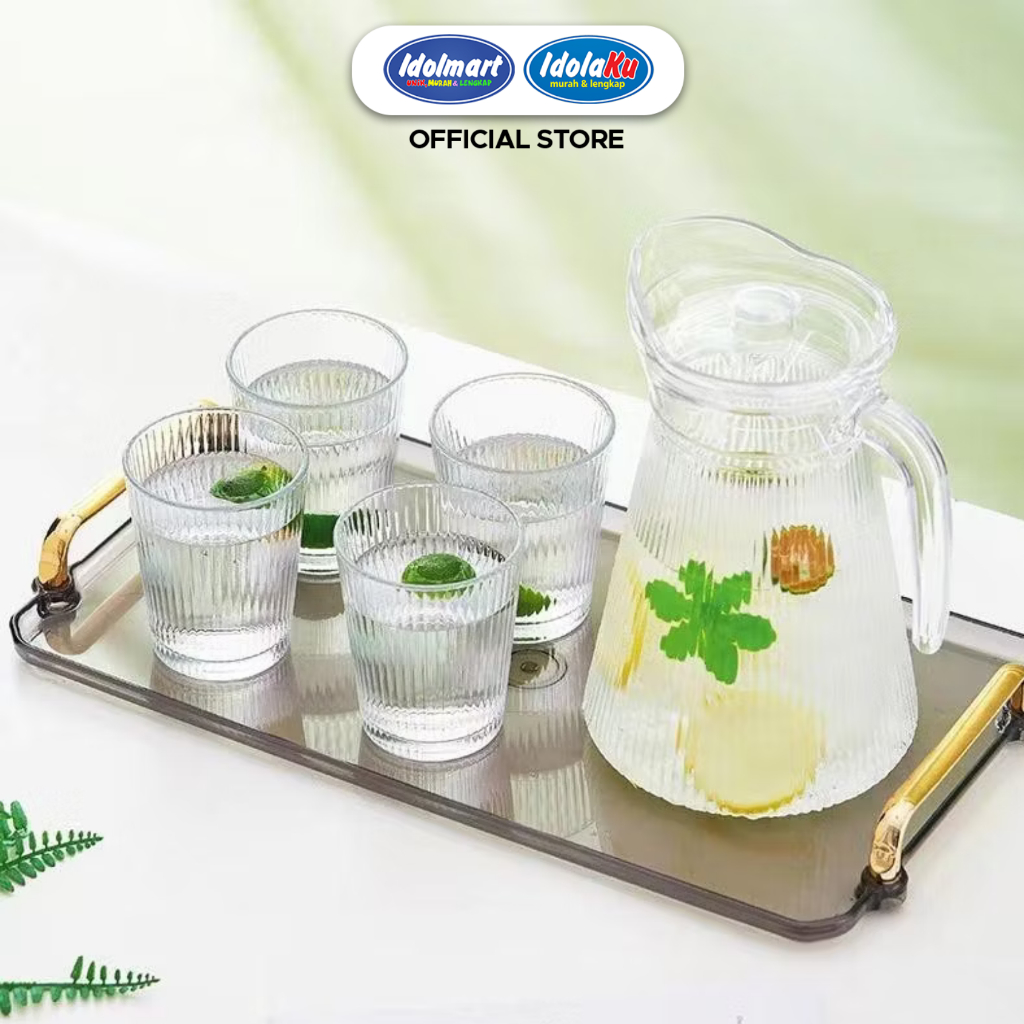 IDOLMART Set Pitcher & Gelas Kaca Motif Hammered 1 Teko + 4 Gelas Kaca Tebal Premium