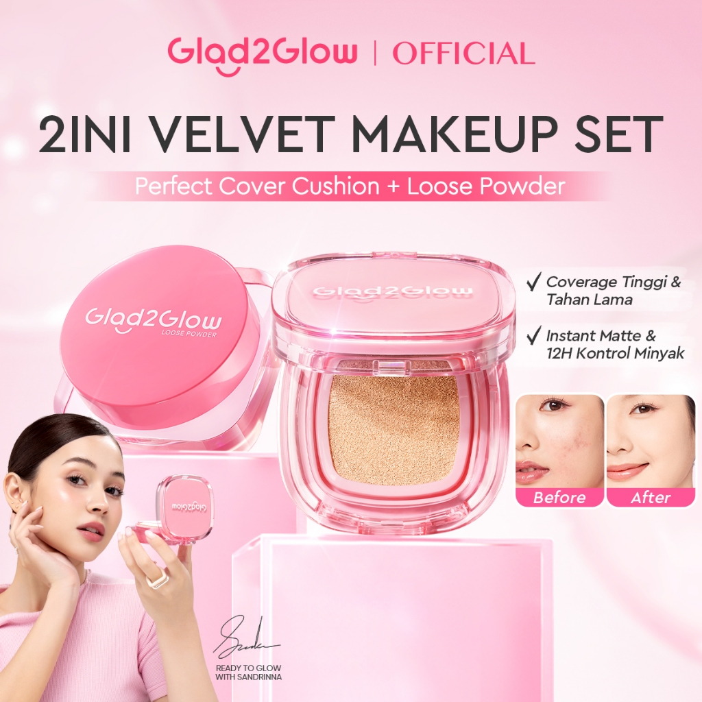 Glad2Glow 2lN1 VELVET MAKEUP SET-LOOSE POWDER+CUSHION Coverage Tinggi Second Skin Flawless Semi Matt