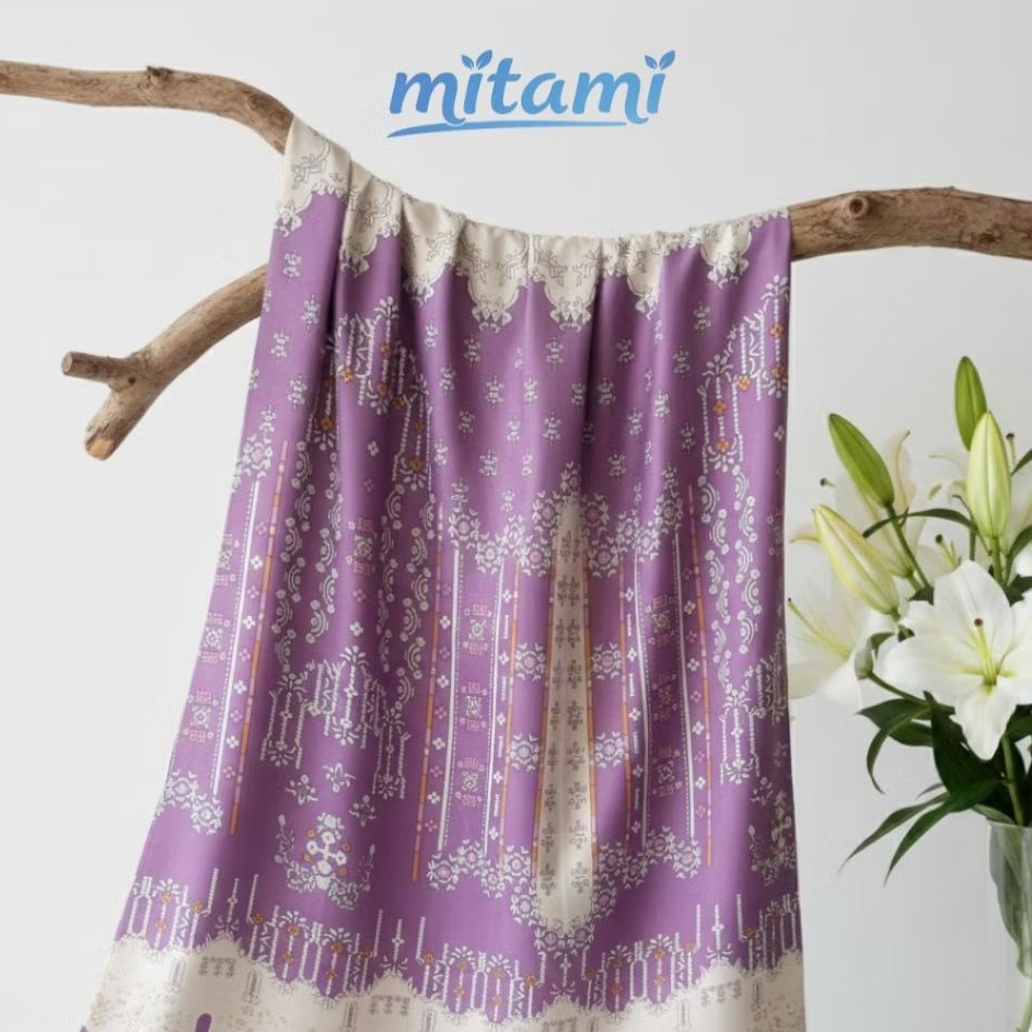 Kain Satin Silk Motif Etnik Lilac Meteran Halus Lembut Tebal Lebar 150cm (Harga Per 0,5)APT