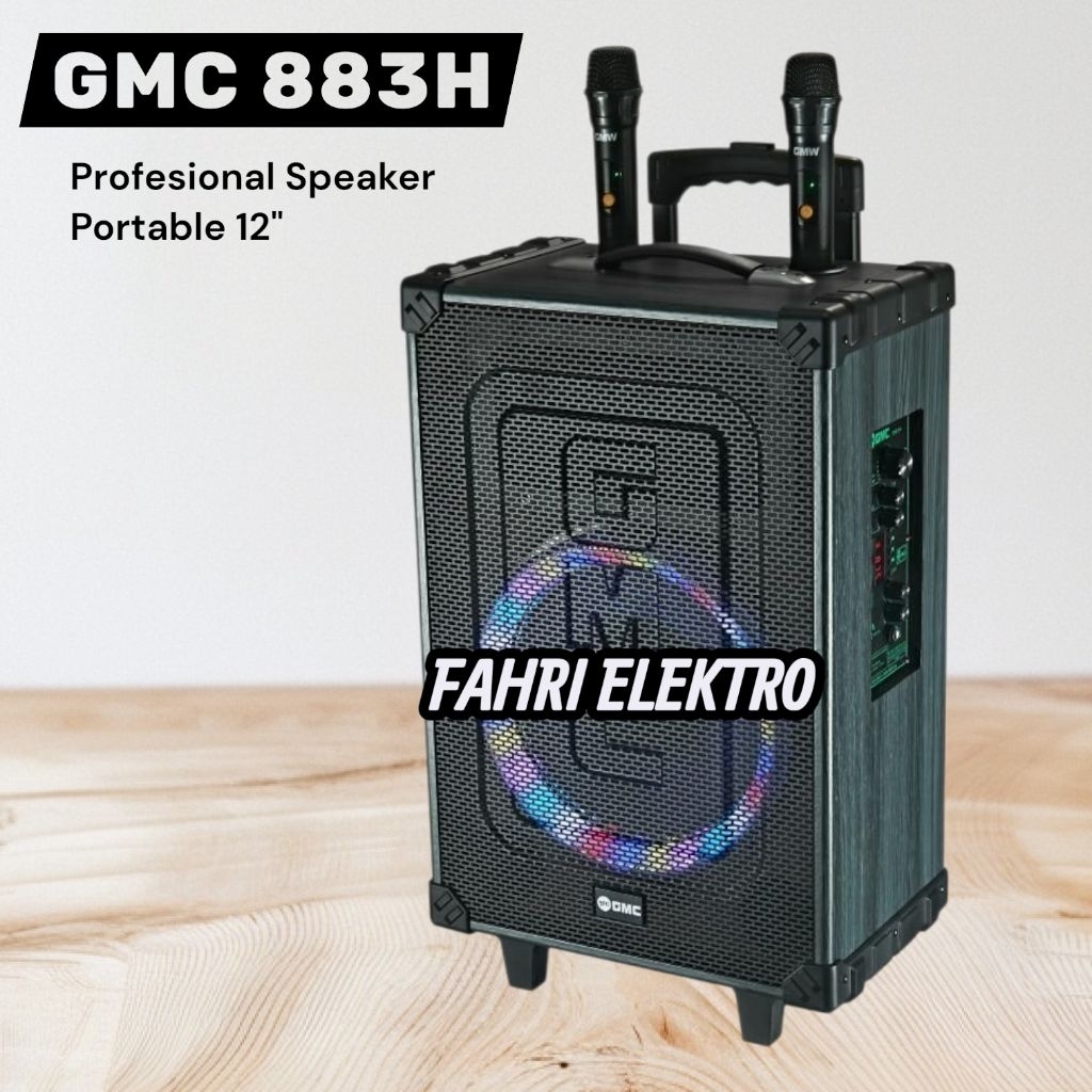 Speaker Portable 12 inch GMC 883H Bluetooth Radio + 2 Mic Wireless Original GMC 883H