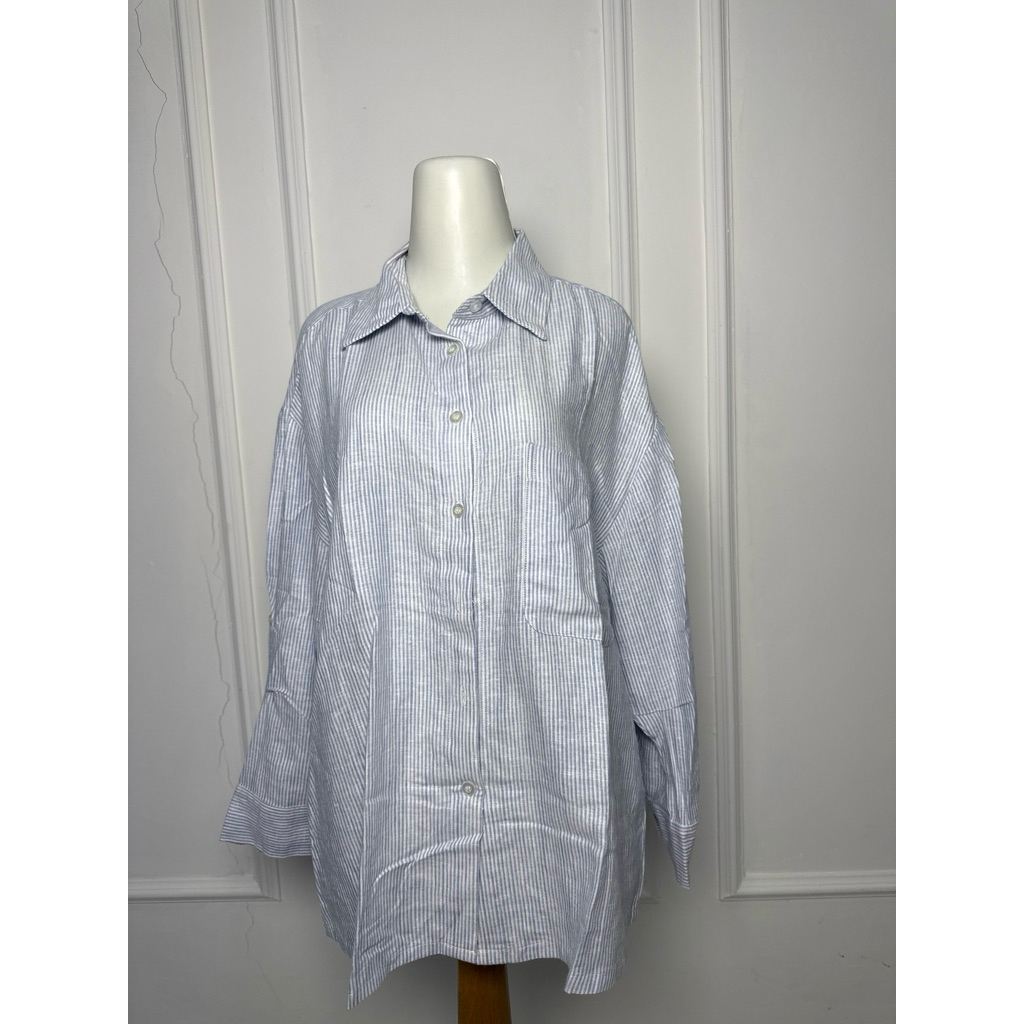 kemeja linen wanita garis putih biru