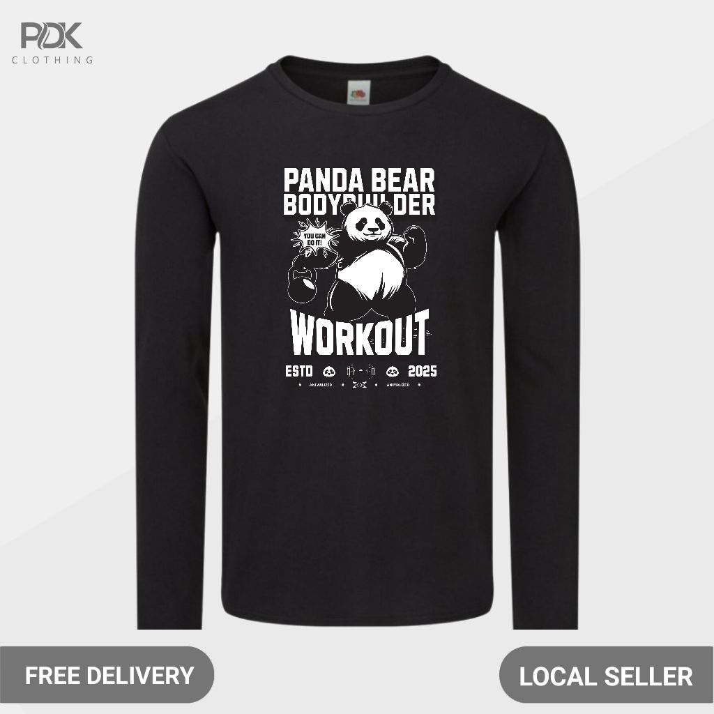 Animalized Kaos Pria Baju Lengan Panjang Panda Bear Bodybuilder Power Workout