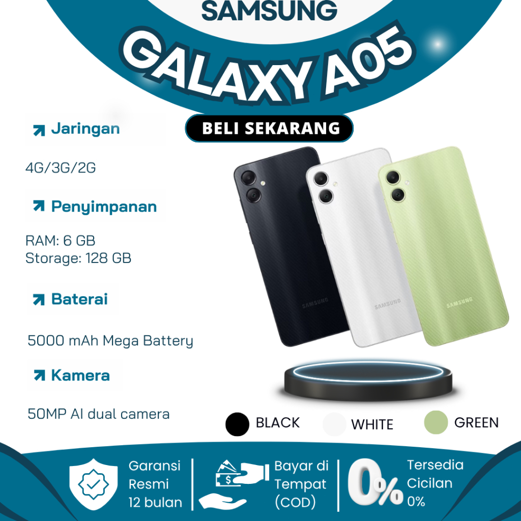 Samsung A05 4G Terbaru 2025 Ram 6/128GB – HP Murah Layar 6.7HD+ Kamera 50MP Fast Charging 25W