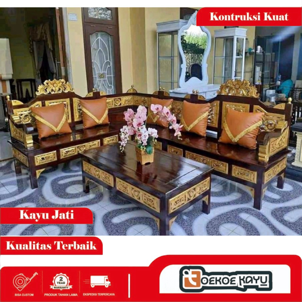 kursi sudut, kursi tamu sudut, kursi mahkota, kursi sudut kayu jati, kursi tamu mahkota