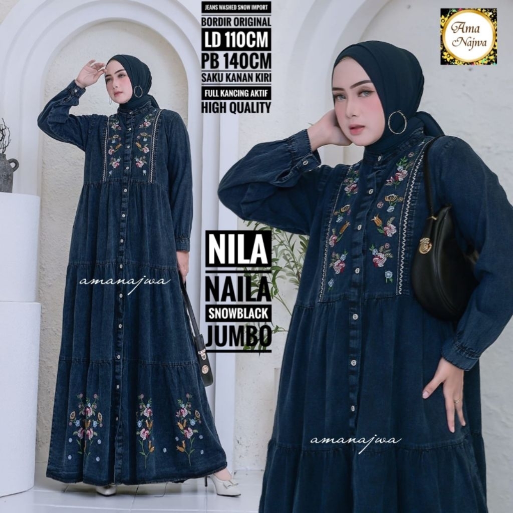 Gamis dress wanita NILA NAILA bahan jeans washed snow import,bordir original