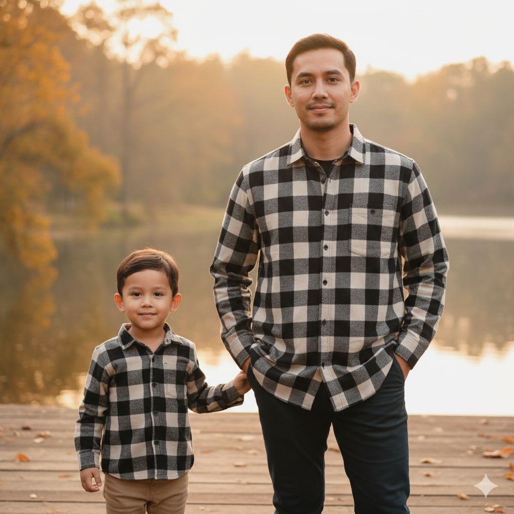 Kemeja lebaran 2025 anak laki laki couple ayah lengan panjang motif kotak kotak