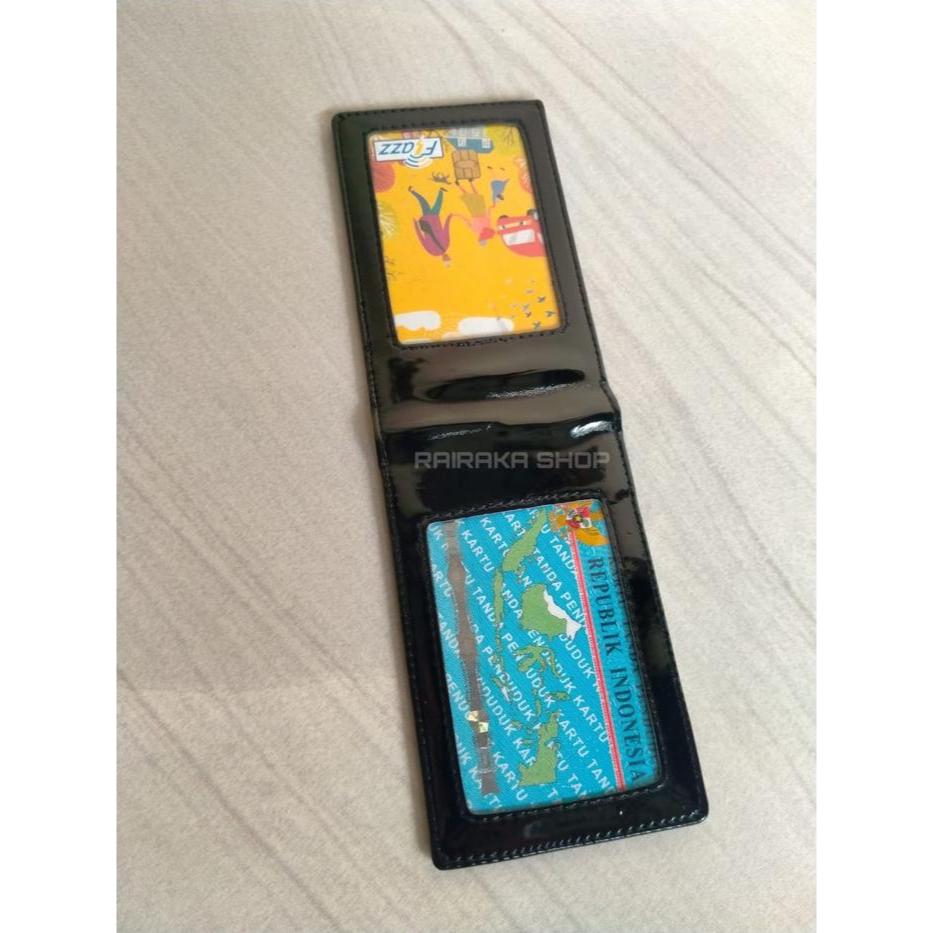 sc8h- Name Tag Id Card Saku Dompet Kartu Kulit Asli 2 Slot Hitam Dof Premium