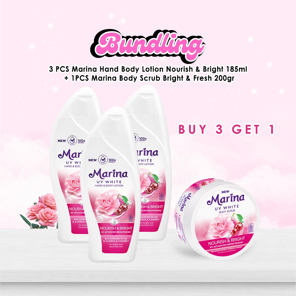 Marina UV White Bundling Nourish & Bright 3PCS Lotion 185ml Plus Body Scrub 200gr – Paket Lengkap Me