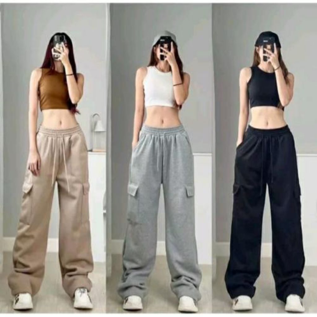 celana cargo wanita cream abu hitam