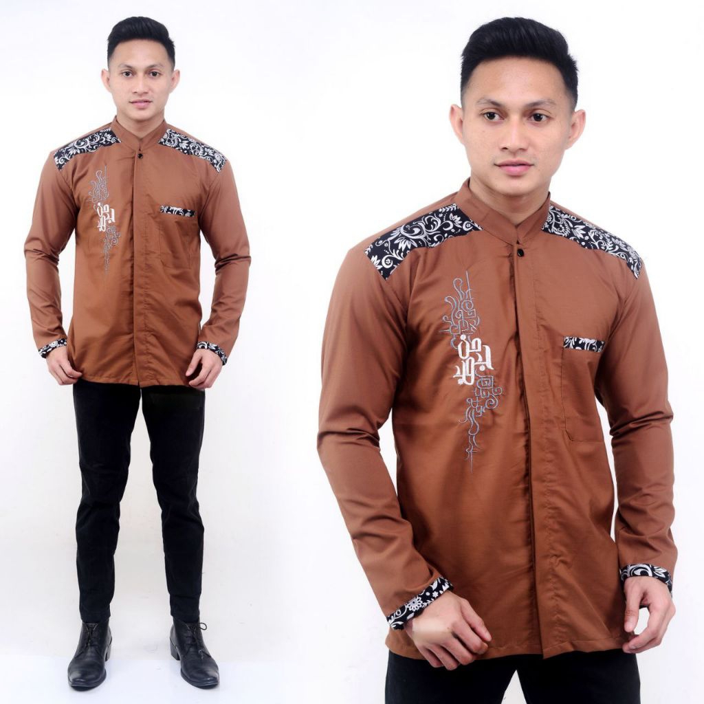 Baju Koko Pria Lengan Panjang Motif Series Koko Muslim Hadroh Azzahir Warna Putih Cream Mocca Hitam 