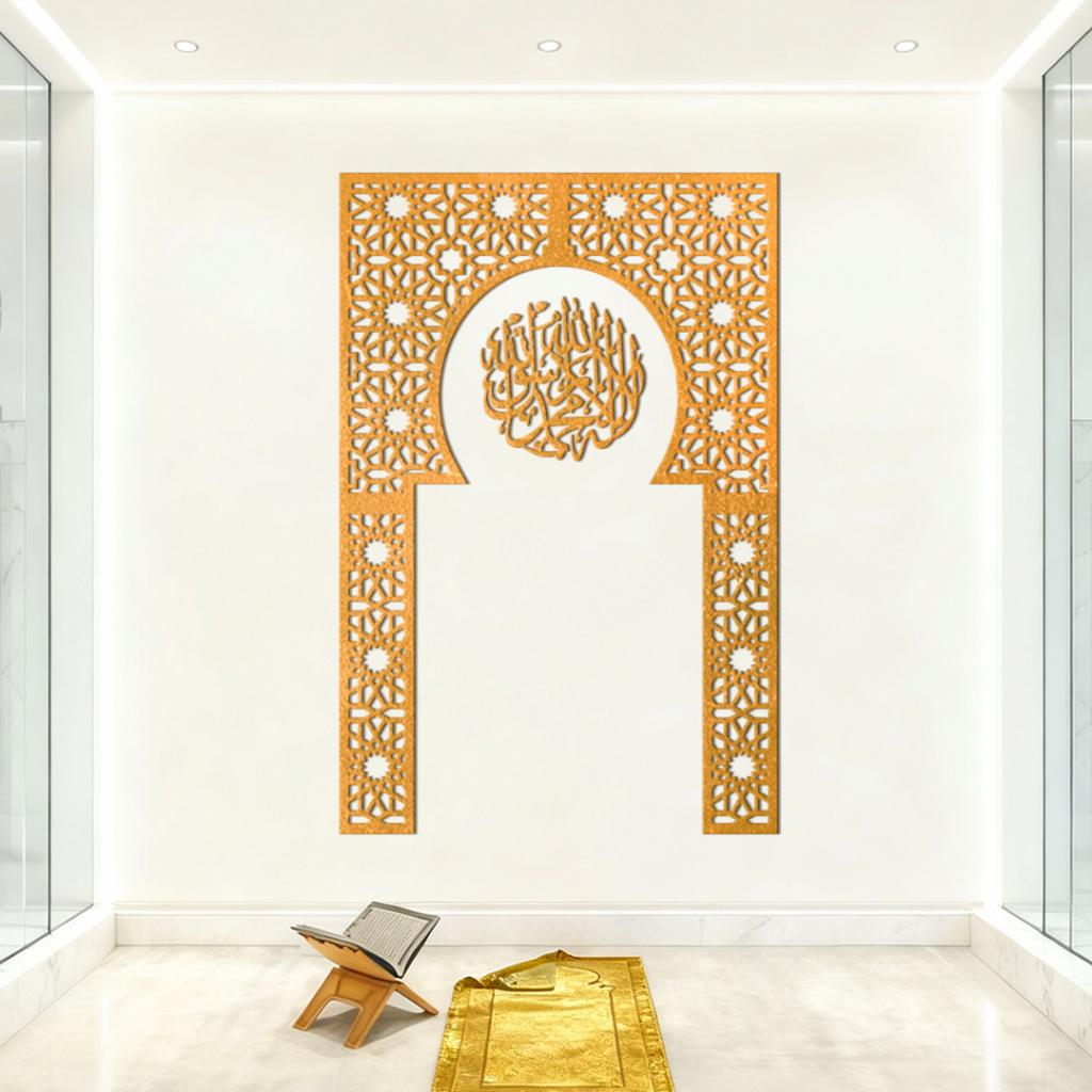 walldecor kayu mihrab musholla rumah - walldecor mihrab ruang sholat - pajangan kayu mihrab