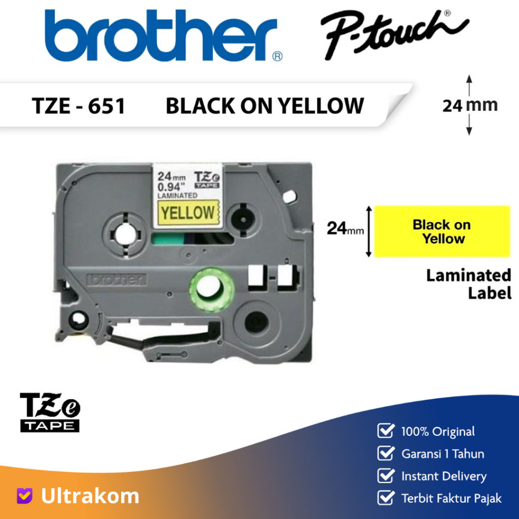 BROTHER Label Tape TZE-651 24mm Laminated Black On Yellow Label Tape TZe 651 Tze 651 Original